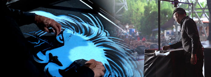joe-and-the-lion Image of Joe Castillo on Stage doing his sand art and an image of his work of a lion.